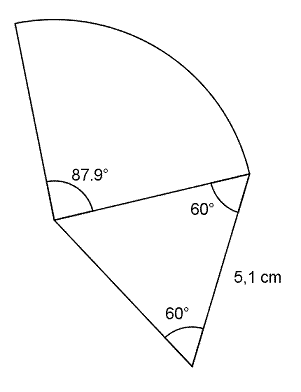 På figuren ser du en likesidet trekant med lengde 5,1 cm. Festet til den ene siden er en sirkelsektor på 87.9 grader (radien er lik siden i trekanten).